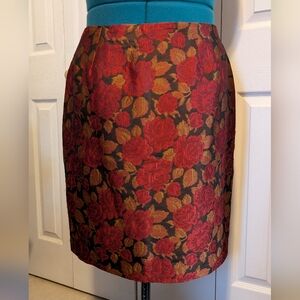Vintage Jacquard Floral Pencil Skirt in Red and Gold, Made In Korea